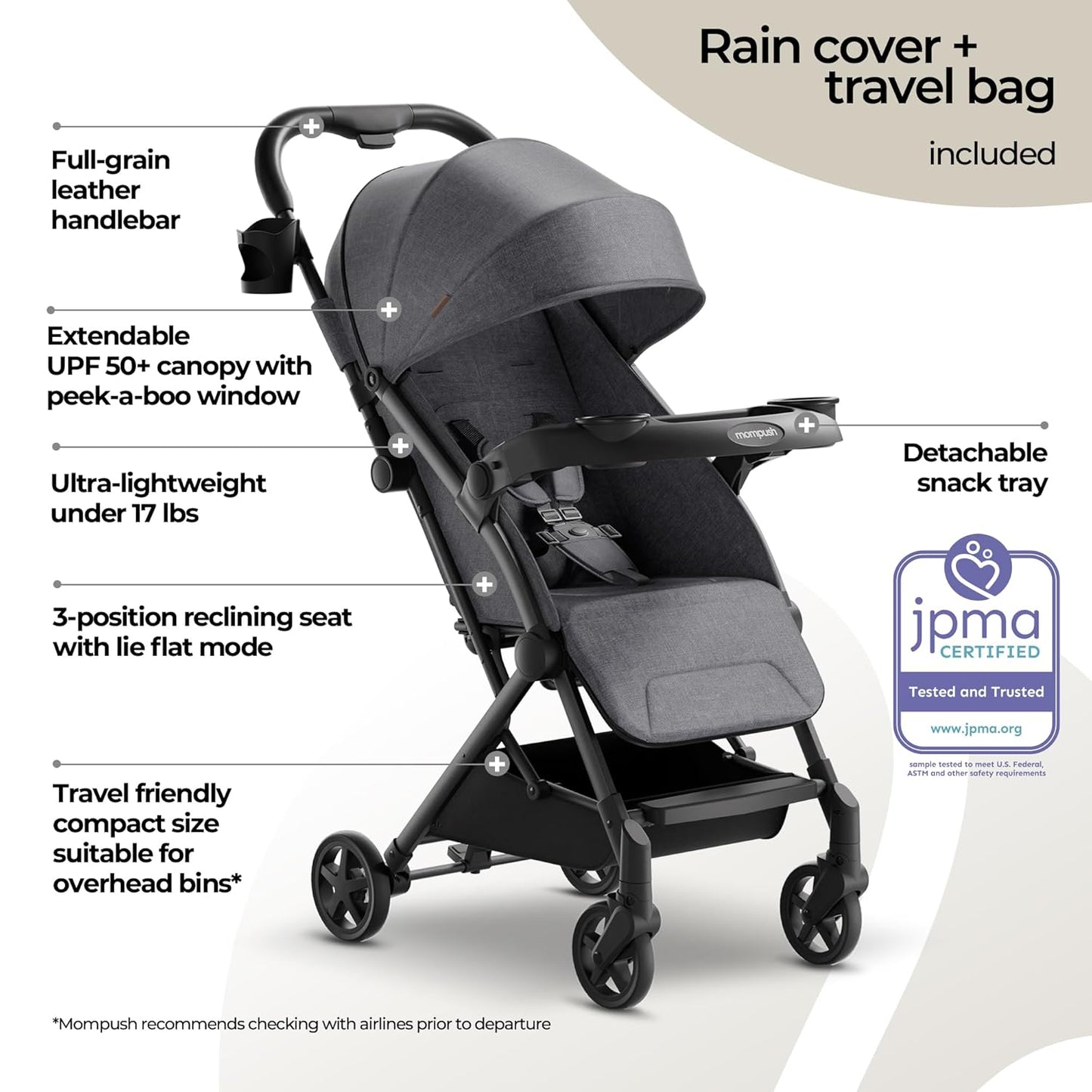 Mompush Lithe V2 Lightweight Travel Stroller, Compact Foldable Baby Stroller with Travel Bag, One-Hand Fold Stroller, Snack Tray, Mechanical Recline Seat, Airplane-Ready, UPF 50+ Canopy & Rain Cover