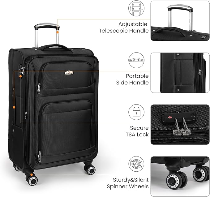 30'' Large Softside Suitcase,Expandable 15% Luggage,w/Double Spinner Wheels w/Combination LOCK,Lightweight Travel Suitcase for Travel（Black,30in）