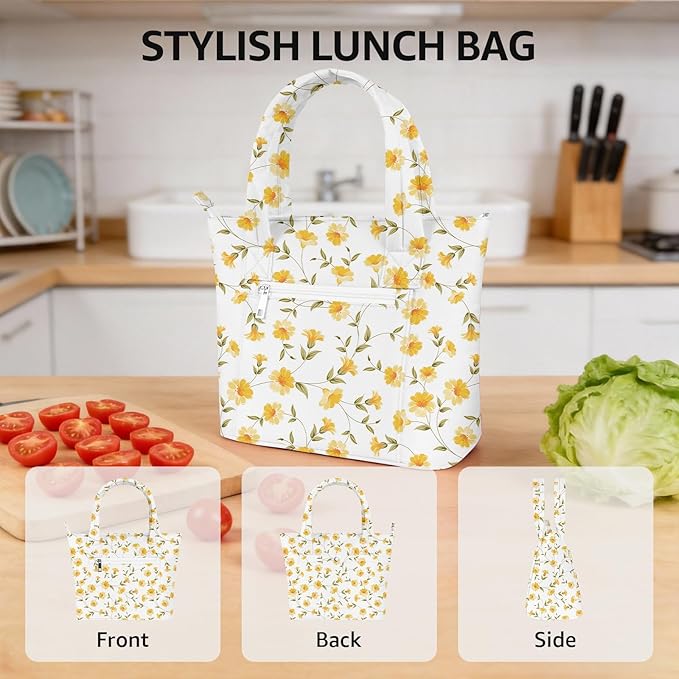 Tote Lunch Bag Women Stylish Quilted Lunch Boxes for Adult Fit and Fresh Cooler Insulated Lunchbox for Work Large 10 Liters Cute Compact Lunchbag Waterproof Yellow Floral