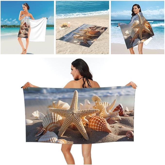 Beach Towel Sand Free Quick Dry Towel Microfiber Oversized Seashells Starfish On Beach Travel Towel 27.5"X55" Absorbent Bath Towel Compact Towel Blanket for Women Men Camping Swim Sports