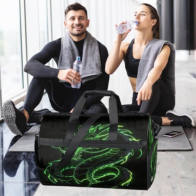 Green Dragon Print Sports Gym Bag with Wet Pocket & Shoes Compartment Waterproof Workout Duffel Bag for Women and Men Weekender Overnight Duffle Bag Travel Carry-on Tote
