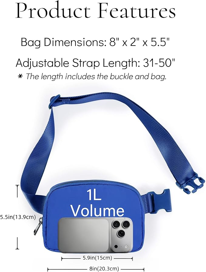Fanny Pack Cross Body Bag Small Crossbody Bags for Women Men Trendy Nylon Waterproof Mini Purse Travel Running Belt Lulu Dupes Bum Hip Chest Waist Pack Side Bag Must Have Blue