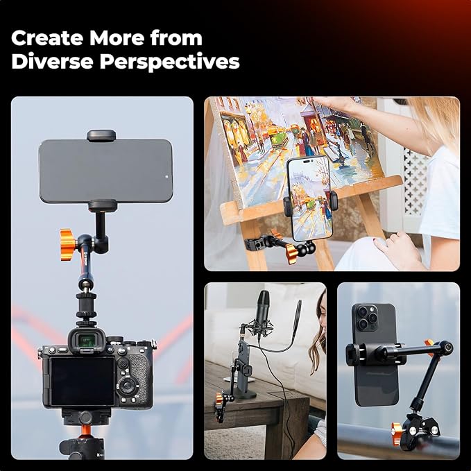 K&F CONCEPT 9.8" Magic Arm Clamp with Phone Holder, 360° Ball Heads Camera Arm Mount for Phone/LED Lights/Monitor/Flash/Microphone/DSLR Camera