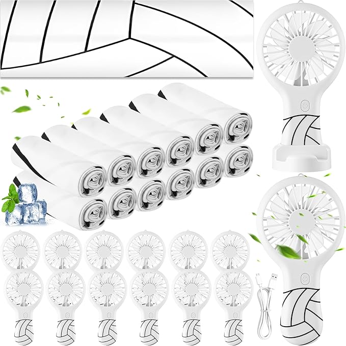 Woanger 24 Pcs Volleyball Cooling Towels and Fans Sets Mini Handheld Fans Bulk 3 Speeds USB Lash Towel for Sporting Volleyball Gifts for Team Games Party Favor