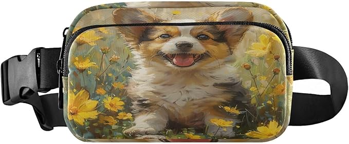 Cute Corgi Puppy Yellow Flowers Fanny Pack for Women Men Water Resistant Fashion Waist Packs with Adjustable Strap Belt Bag for Travel Workout Jogging Hiking 21219847