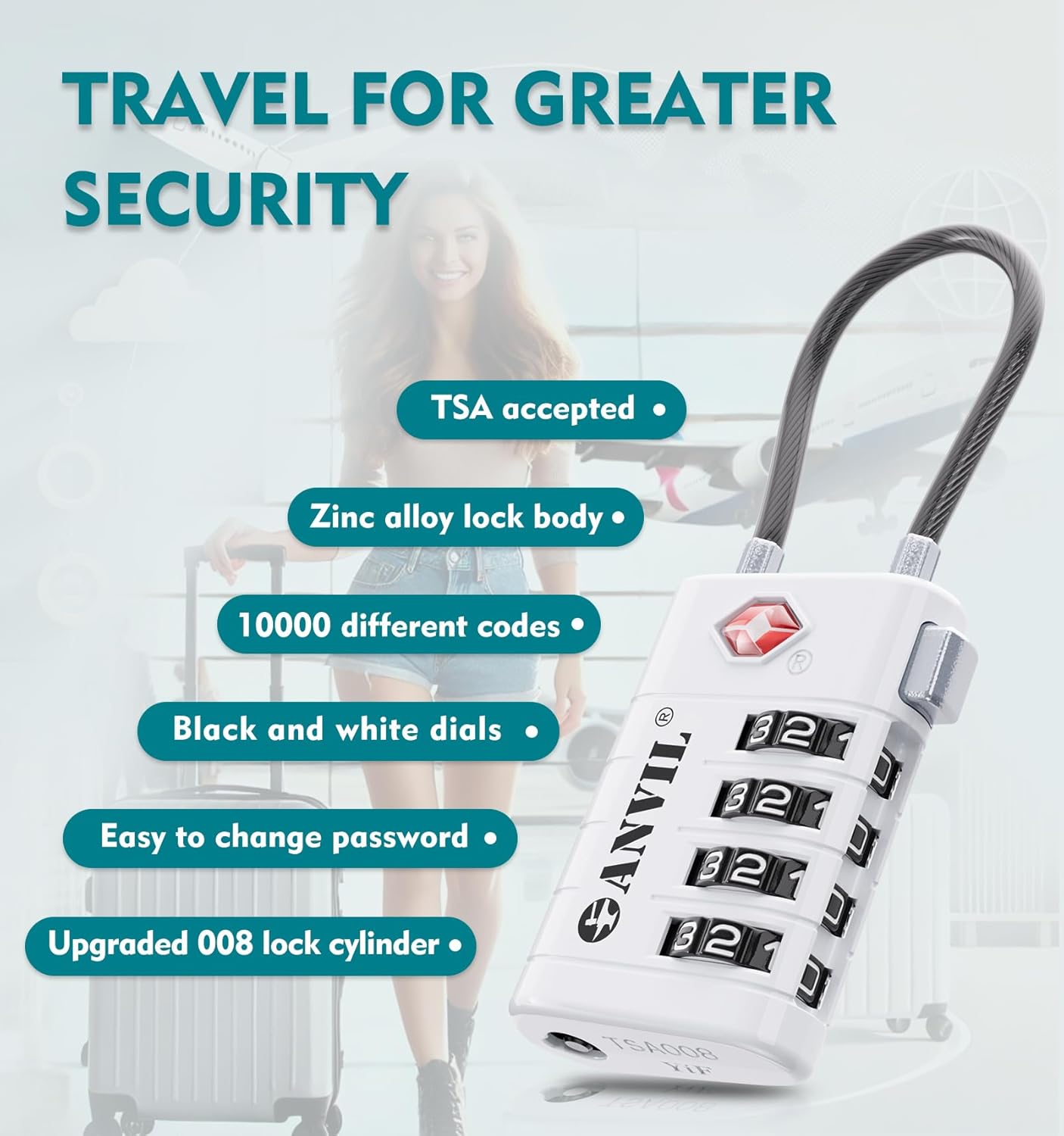 ANVIL 4 Digit Luggage Locks, TSA Locks for Luggage, Advanced TSA008 core, Alert Indicator for Your Travel Lock, Suitcase Lock. (3, White)
