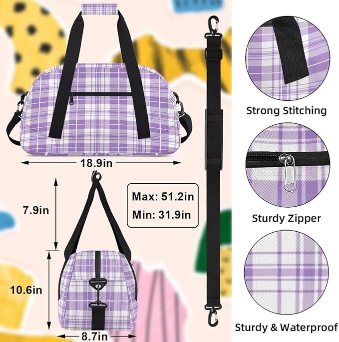 Purple White Plaid Pattern Sports Duffel Bags, Water-Resistant Gym Duffle Bag for Men Women, Lightweight Weekender Overnight Bag for Fitness, Workout, Travel
