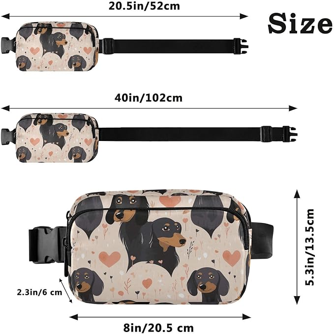 Black Dachshund Dogs Hearts Fanny Pack for Women Men Water Resistant Fashion Waist Packs with Adjustable Strap Belt Bag for Travel Workout Jogging Hiking 21219744