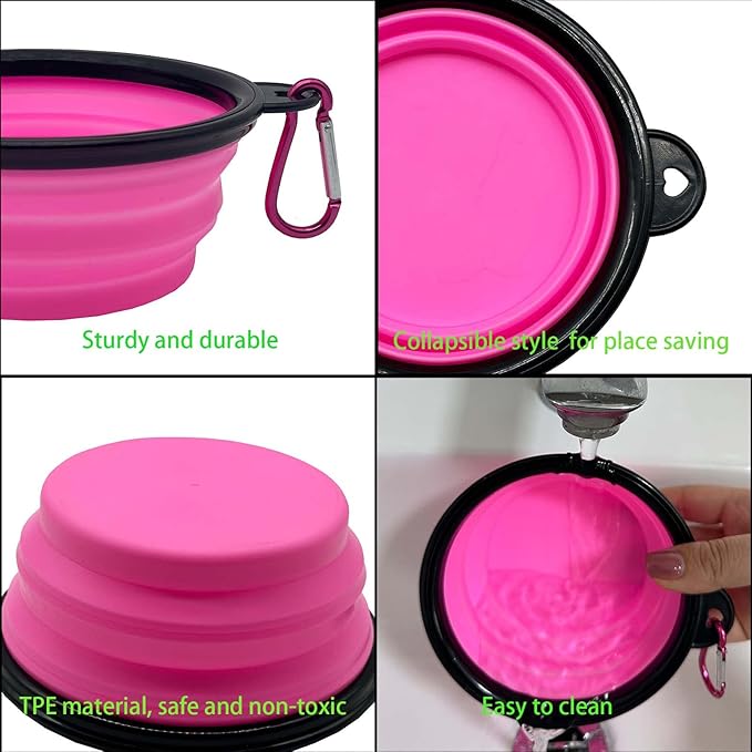 Medium Collapsible Dog Bowl 23oz,2 Pack Portable and Foldable Pet Travel Bowls with 2 Carabiners & Lids for Dogs Cats and Small Animals (Purple+Pink, 650ml)