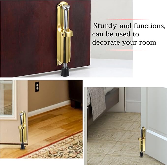 Sumnacon Kickdown Door Stop - Stainless Steel Easy Step Door Stopper, Spring Loaded Telescopic Step On/Off Door Stopper Rubber, Adjustable Heavy Duty Door Locks Holder Stop/Release by Foot, Gold