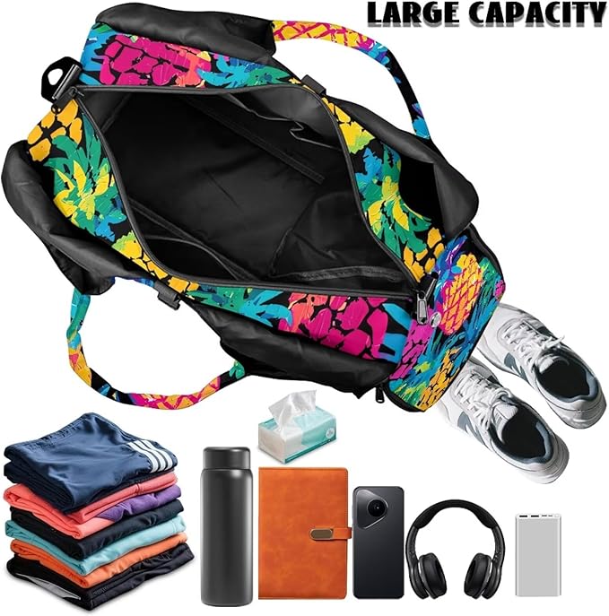 Gym Bag Women with Yoga Mat Holder Strap, Pineapple Gym Duffle Bag with Shoes Compartment, Wet Pocket, Gym Backpack Carring Workout Stuff Accessories
