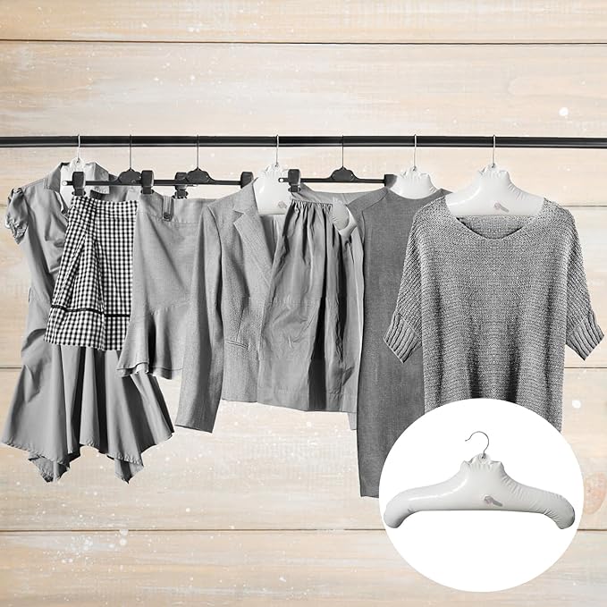 5pcs Inflatable Hanger Travel, White Round Shoulder, Portable Folding Clothes Drying Rack with Metal Hook Space Saving Coat Storage Set Foldable