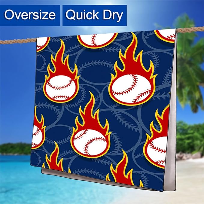 Flame Baseball Pattern Beach Towel 36"x72" Quick-Dry Sand-Free Soft Microfiber Pool Camping Travel