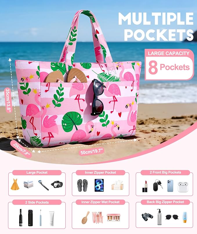 Extra Large Beach Bag Waterproof Beach Totes Bags for Women, Lightweight Foldable Pool Bag with Zipper Wet Compartment