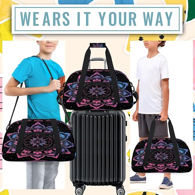 Gym Bag for Women Men, Purple Tribal Pattern Travel Duffle Bags for Dance Ballet Overnight, Carry-On Weekender Bag with Detachable Shoulder Strap
