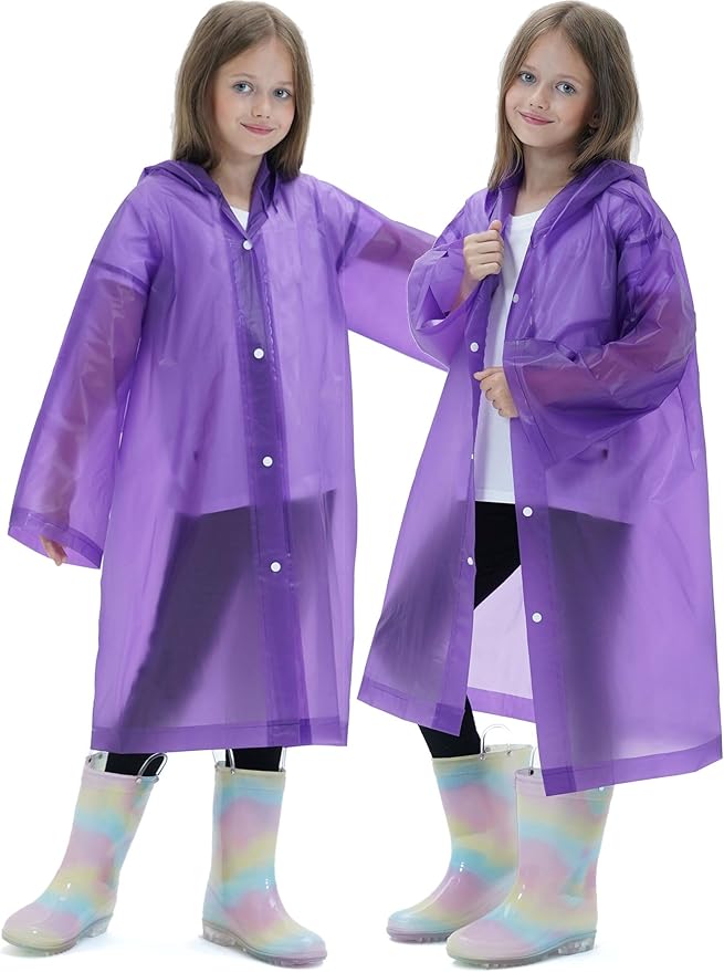 2 Pack Raincoats for Kids, Reusable Rain Ponchos with Hood and Sleeves Rain Coats for Boys and Girls
