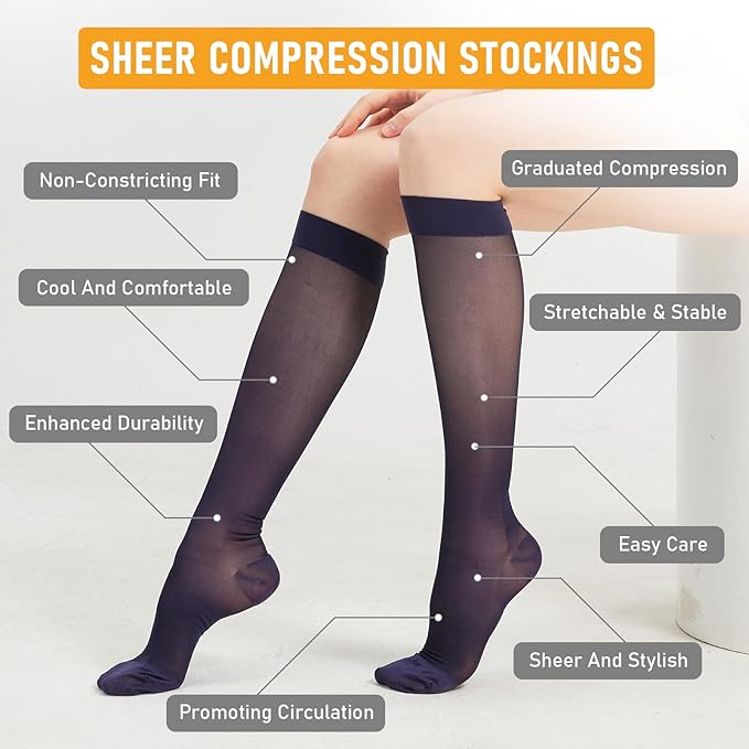 2 Pairs Sheer Compression Socks for Women - 15-20 mmHg Knee High Sheer Compression Stockings for Support Circulation Swelling Edema Work Office Travel, Navy, Large