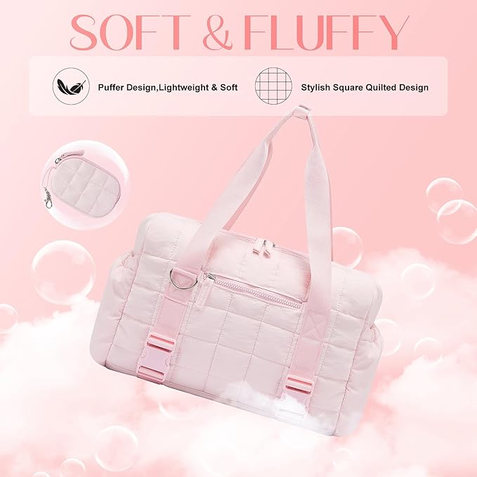 Small Gym Bag for Women, Puffy Sports Duffel Bag with Yoga Mat Holder, Gym Tote Bag with Wet Pocket & Coin Wallet, Carry on Bag for Workout Dance Pilates Ballet Swimming Travel