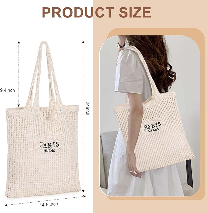 Sightor Crochet Tote Bag, Mesh Beach Bag Knit Summer Hobo Bag Vacation Boho Tote Bag for Women