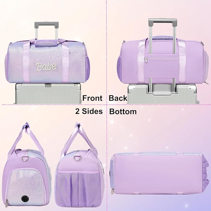 Cute Dance Bag for Girls Ballet Bag Shiny Glitter Sports Duffle Bags Gym Travel Bag with Shoes Compartment(Purple)