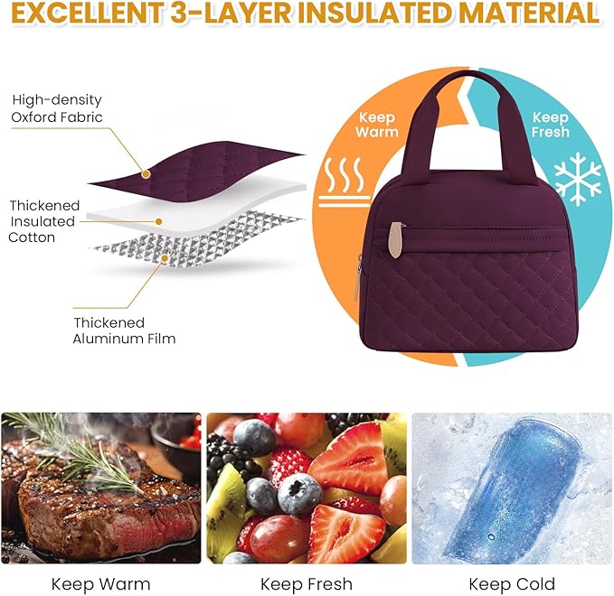 Insulated Lunch Bag for Women, Portable Lightweight Lunch Box for Adults, Reusable Small Lunch Tote Cooler Bags with Front Zipper Pocket for Work School Picnic(Wine Red)
