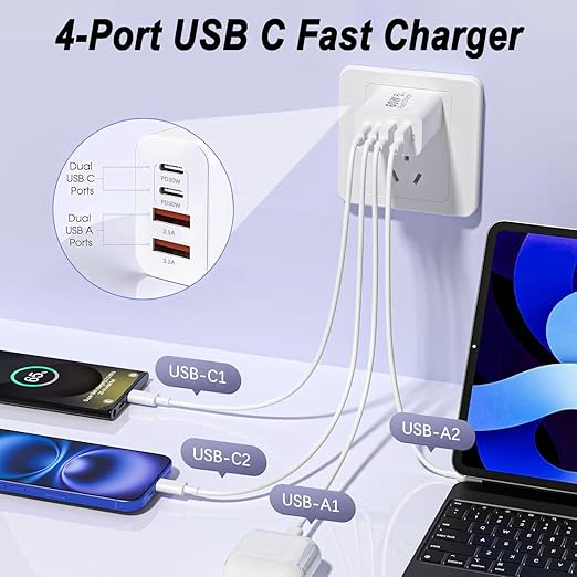 USB C Charger Block,60W 4-Port USB C Wall Charger iPhone Charger Fast Charging PD Power Adapter+QC Wall Plug Multiport Type C Brick Chargers for iPhone 17 16 15 14 13 12 11 Pro Max XS,Samsung