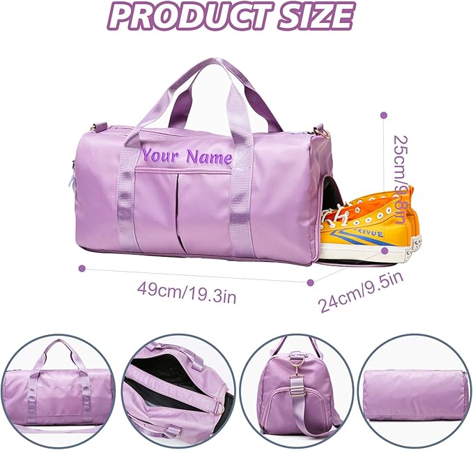 Custom Duffle Bag, Personalized Embroidered Sports Gym Bag for Women/Men, Travel Bag with Double-Sided Customization and Separate Wet and Dry Pockets and Shoe Bags-Purple
