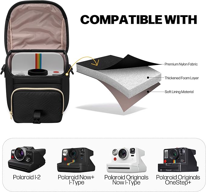Camera Sling Bag Compatible with Polaroid Now 2nd/3rd Instant Camera, Crossbody Bag with Adjustable Strap, Black