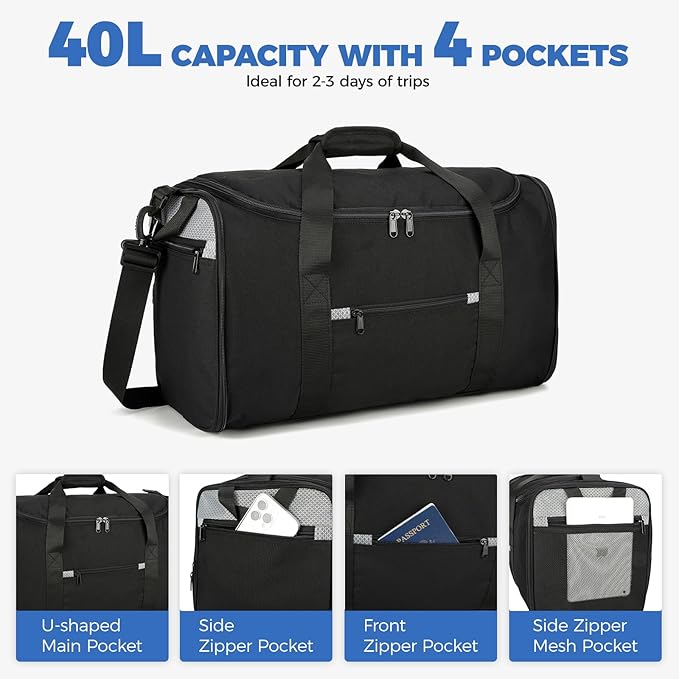 Uarition 18 inch Small Gym Bag for Men - Foldable Duffel Bags for Airplanes Carry On Duffle Bag for Travel, Black