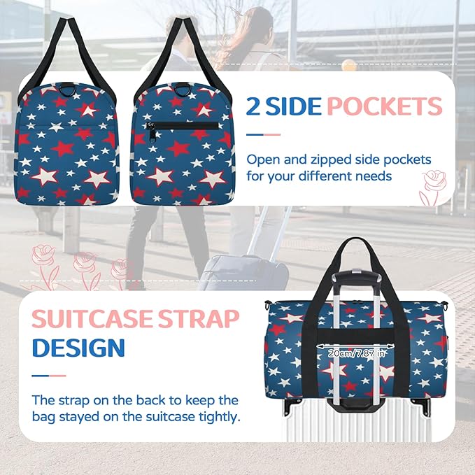 Red White Stars Travel Duffle Bag for Women Men, Overnight Weekender Bag, Carry on Tote for Sport Gym