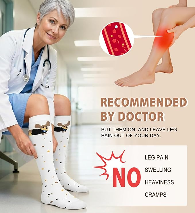 Cotton Compression Socks for Women&Men Knee High Cute Support Sock for Nurses, Pregnancy, Flying