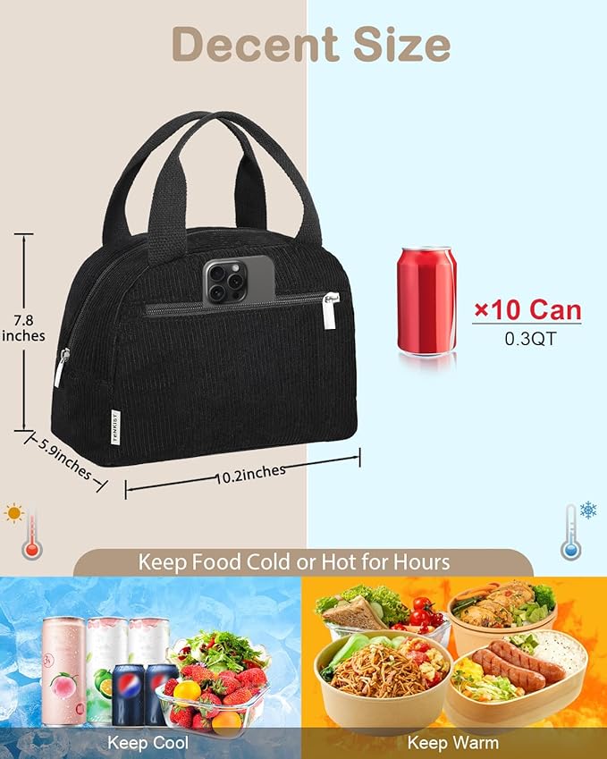 Cute Lunch Box Tote Bag - Corduroy Insulated Cooler Bags for Women - Lightweight Reusable Portable Soft Lunch Pail Kit for Kids Teen Girl Adults Work School Picnic Travel Black 8L