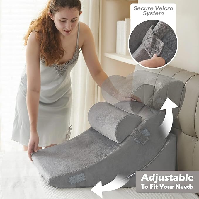 4pcs Orthopedic Bed Wedge Pillow Set Post Surgery Relaxing Back Adjustable Head Support Cushion Triangle Memory Foam Pillow for Acid Reflux Sleeping Reading Leg Elevation Snoring (Light Grey, 4PCS)