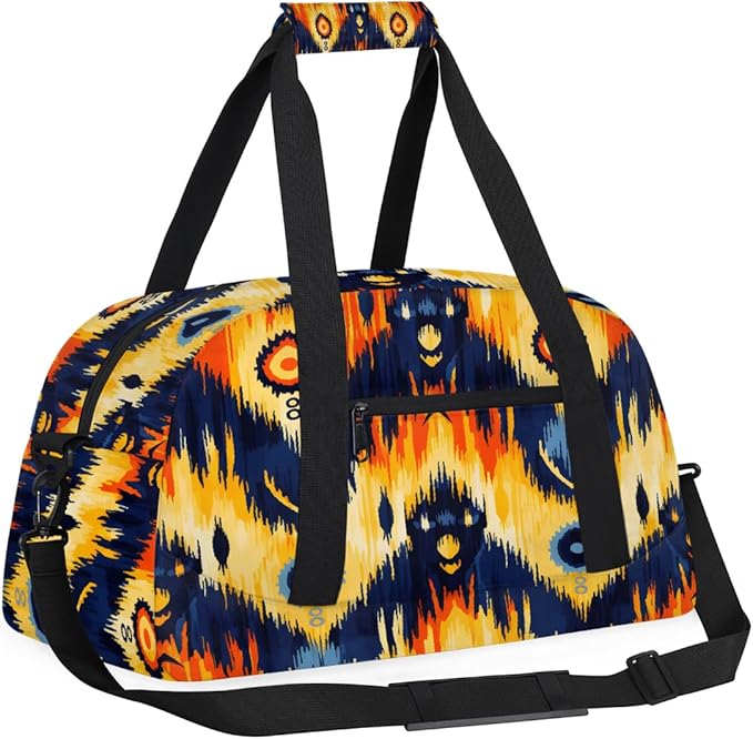 Duffle Bag for Women Men, Orange Navy Tribal Pattern Gym Bag for Travel Sports, Lightweight Waterproof Weekender Overnight Bags with Adjustable Strap