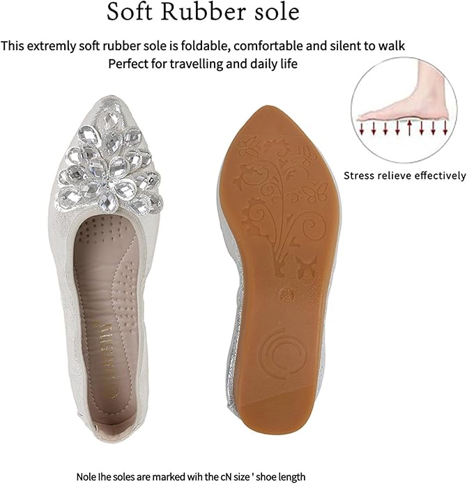 Flats Shoes for Women Rhinestone Wedding Ballerina Shoes Foldable Sparkly Comfort Slip on Flat Dressy Flats