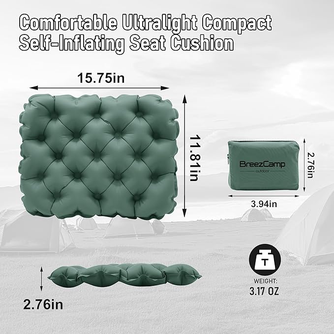 Inflatable Seat Cushion, Lightweight Stadium Seat Pad, Travel Air seat Cushion Anti-Slip for Airplane, Hiking, Climbing, Home and Camping,Olive Green
