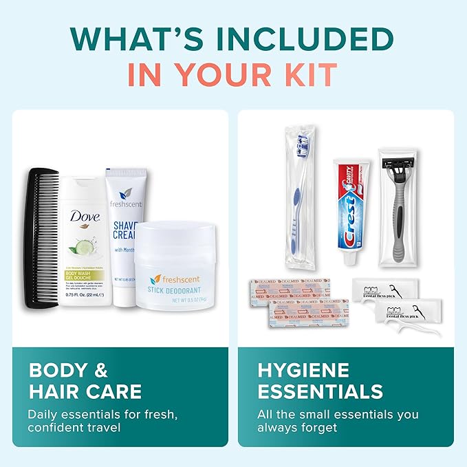 Trektote 10 Piece Travel Hygiene Kit with Toiletries & Dental Essentials, TSA-Compliant, Clear Cosmetic Bag, Single or Bulk Packs