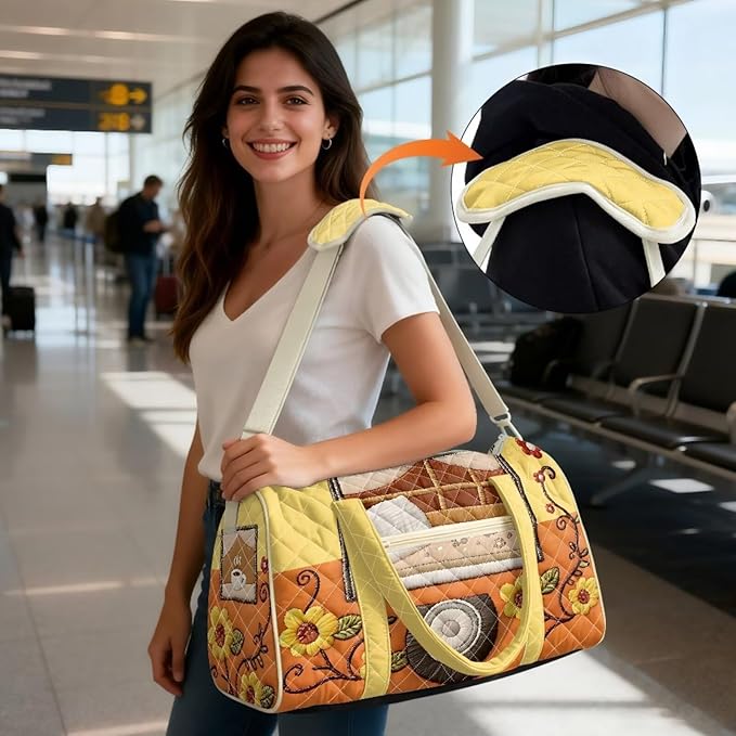COEQINE Large Duffle Bag For Travel Women Yellow Sunflower Camper Print Quilted Tote Bag Large Car Shoulder Purses for Womens Gym Overnight Luggage Bag with Trolley Sleeve