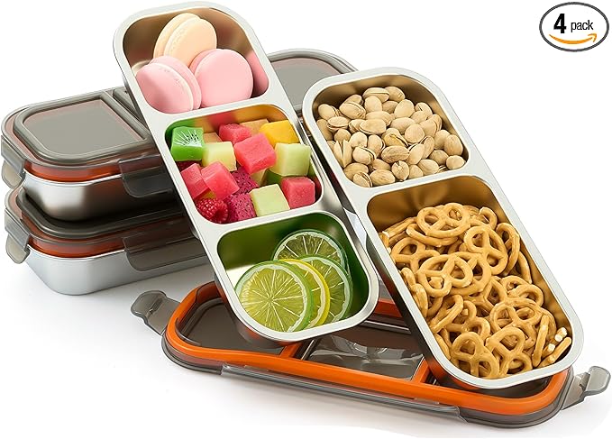 4 Pcs 304 Stainless Steel Lunch Containers Bento Boxes 38oz Salad Multipurpose with 3 and 2 Compartments Winter Party Reusable Large Box with Lids Divided Containers for Snack Dip Sandwich (Black)