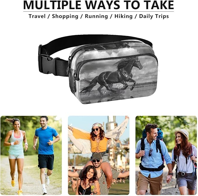 Black Horse Running in Beach Fanny Pack for Women Men Water Resistant Fashion Waist Packs with Adjustable Strap Belt Bag for Travel Workout Jogging Hiking 21220146