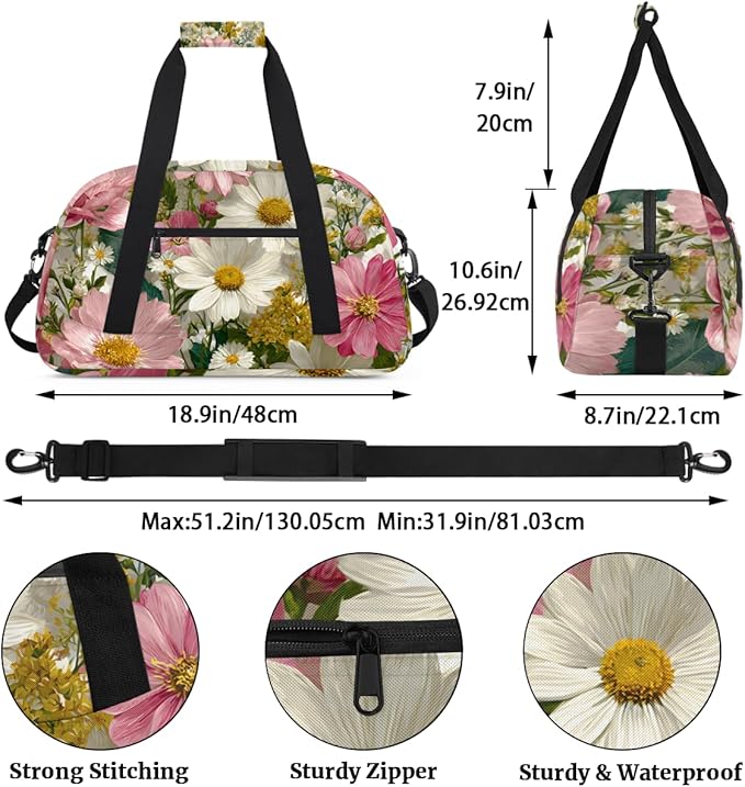 Florals Flower Daisy Gym Travel Duffle Bag for Women & Men with Front Zipper Pocket for Sports, Overnight, Weekender, Carry On,Workout & Dance Bag,Daisy Yellow White,18.9 * 8.7 * 10.6 in