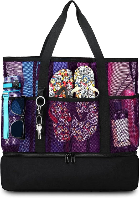 Beach Bag with Cooler,Mesh Beach Bags for Women Sandproof for Pool and Swimming Travel Daily with Durable 8 Pocket
