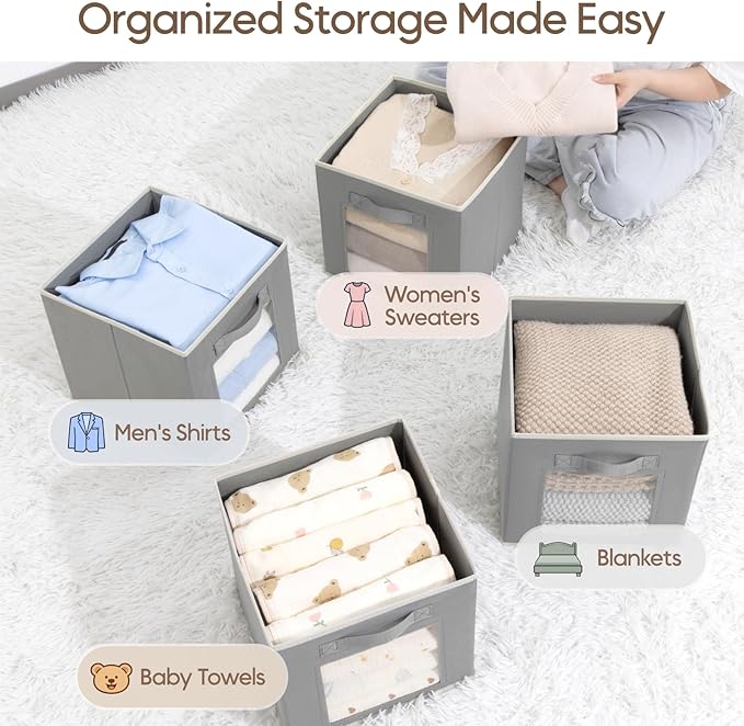 Storage Cube 11 Inch - Cube Storage Bins with Window, Closet Storage Baskets with Handle, Fabric Bins for Closet, Shelves, Toys, Clothes, Set of 14, Grey
