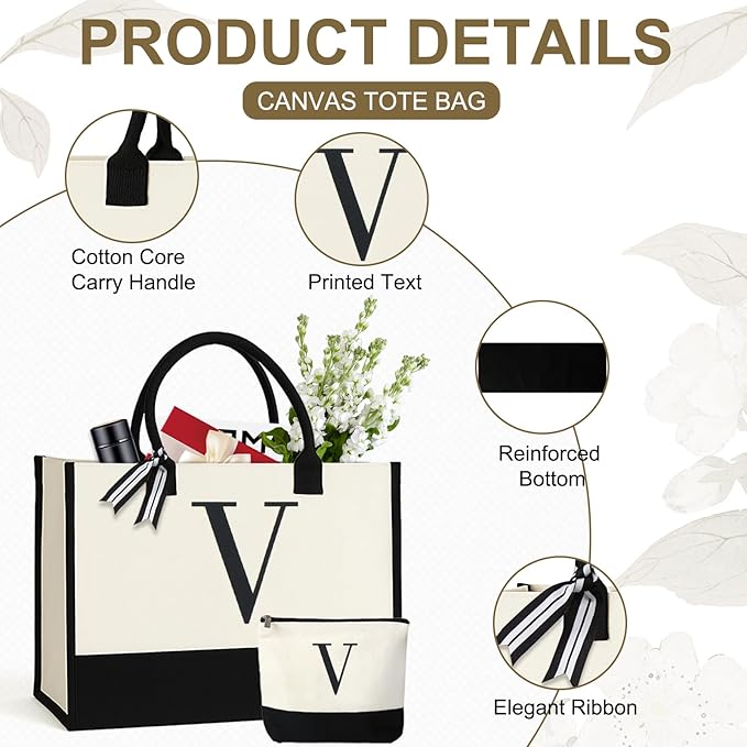 Personalized Canvas Tote Bag for Women Makeup Pouch Initial Beach Bag Removable Bottom Board for Travel Birthday