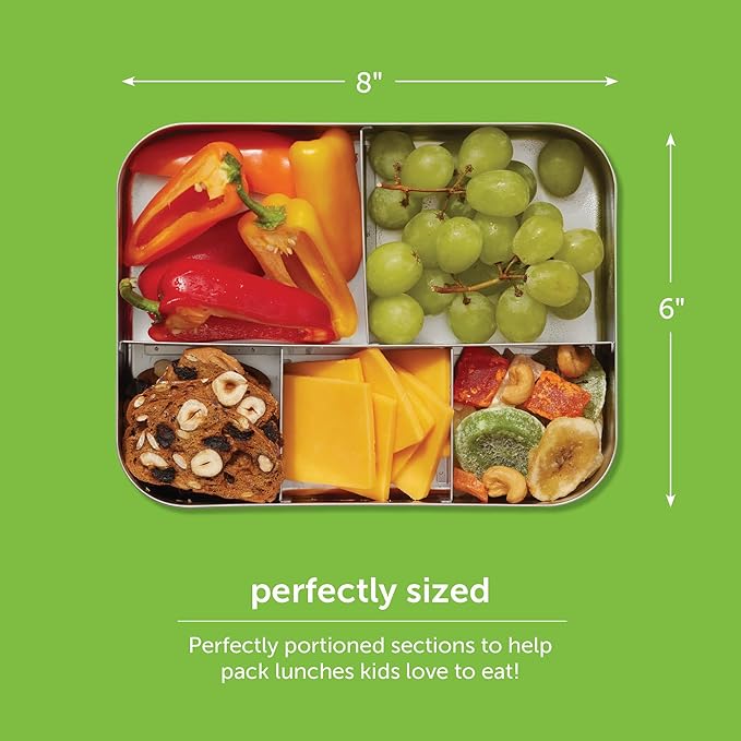 LunchBots Large Trio Stainless Steel Lunch Container -Three Section Design for Sandwich and Two Sides - Metal Bento Lunch Box - Eco-Friendly - Stainless Lid - Green Dots