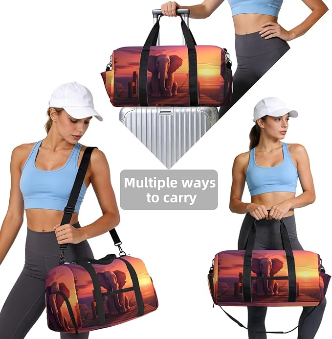 Sports Gym Bag African Elephant Sunset Travel Duffel Bag With Shoe Compartment Shoulder Strap, Lightweight Water-Resistant Weekend Overnight Totes For Women Men