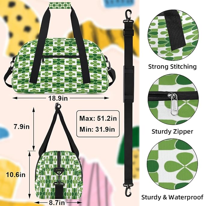 Duffle Bag for Women Men, Green Clover Plaid Pattern Gym Bag for Travel Sports, Lightweight Waterproof Weekender Overnight Bags with Adjustable Strap