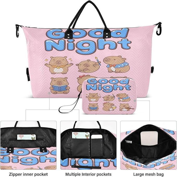 Travel Duffle Bag, Cute Good Night Capybara Gym Bag with Storage Bag Weekender Overnight Bag for Men Women Trip Sports Yoga