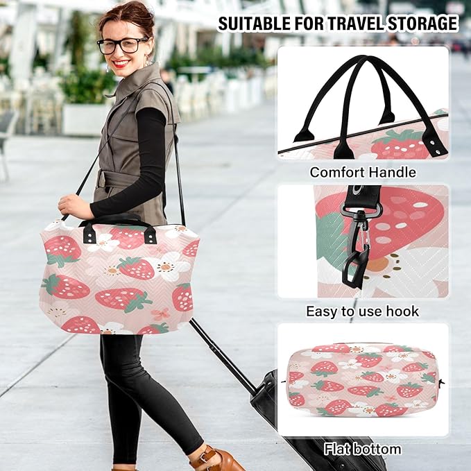 Pink Strawberr White Flower Pattern Travel Duffle Bag Gym Yoga Carry on Bags for Men Women Weekender Bag