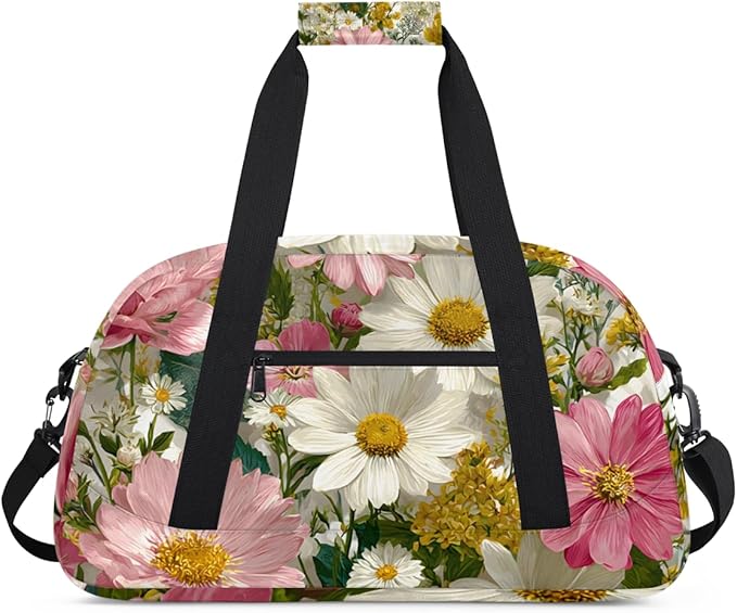 Florals Flower Daisy Gym Travel Duffle Bag for Women & Men with Front Zipper Pocket for Sports, Overnight, Weekender, Carry On,Workout & Dance Bag,Daisy Yellow White,18.9 * 8.7 * 10.6 in